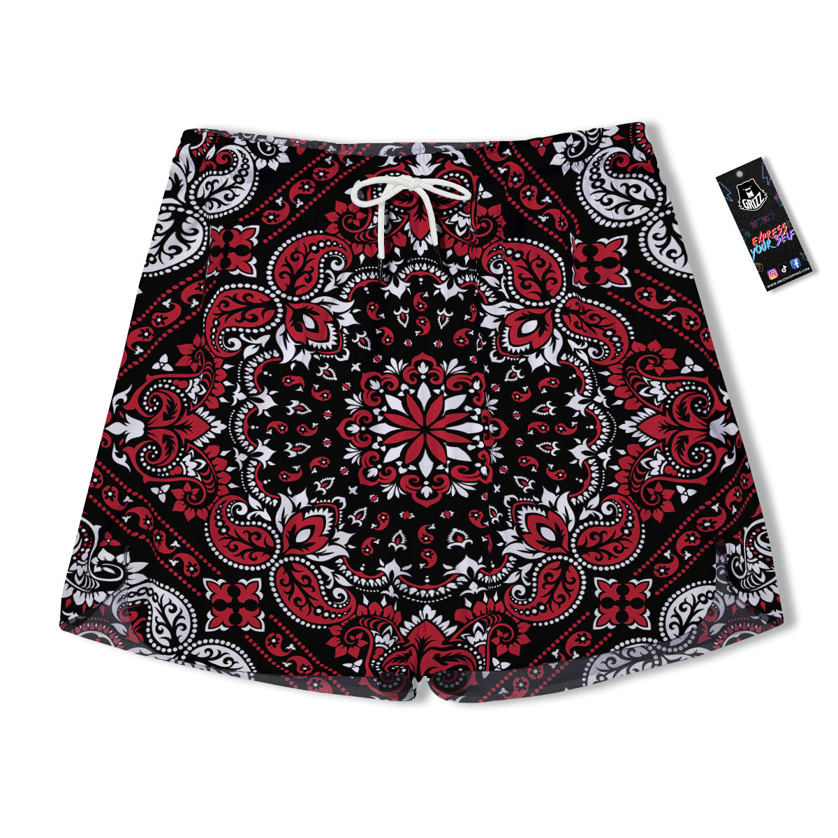 Red Black Bandana Paisley Print Men's Running Shorts-grizzshop