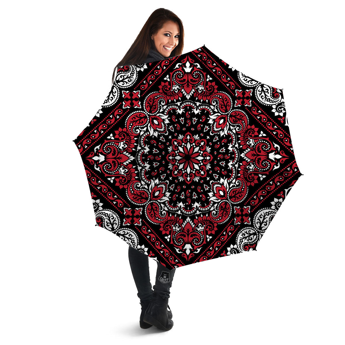 Red Black Bandana Paisley Print Umbrella-grizzshop