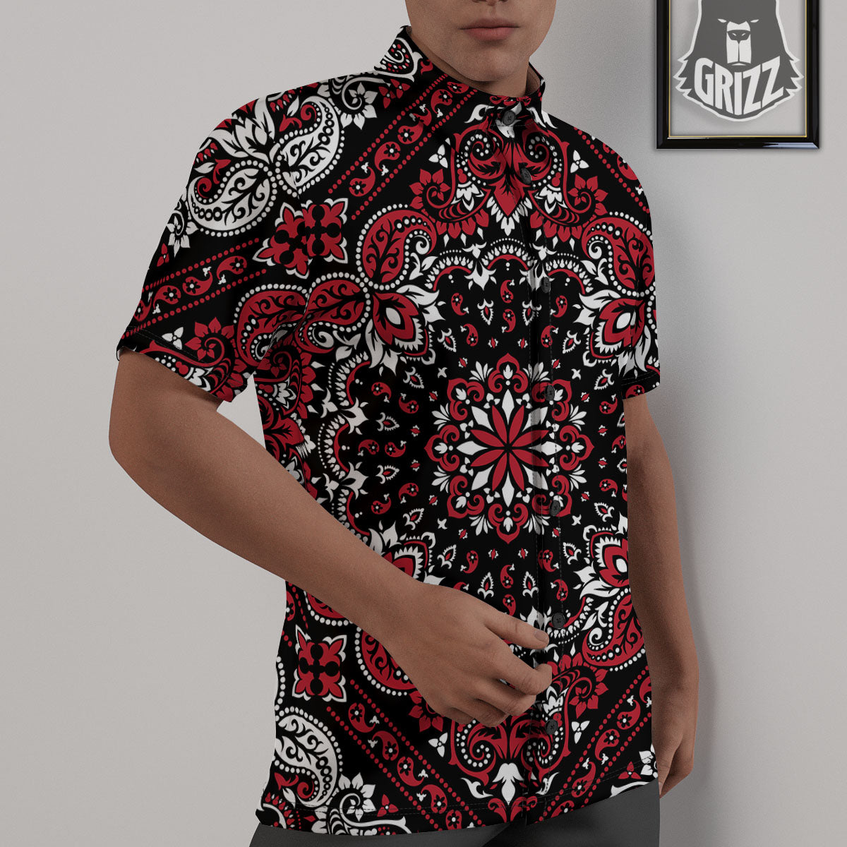 Red Black Bandana Paisley Print Untucked Shirts-grizzshop