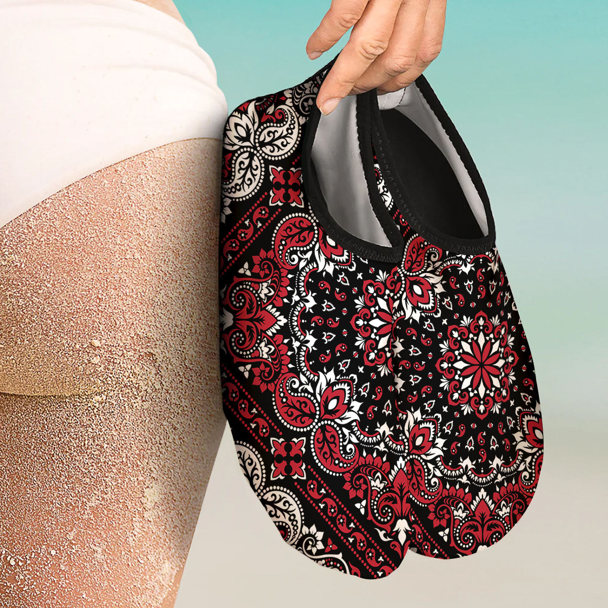 Red Black Bandana Paisley Print Water Shoes-grizzshop