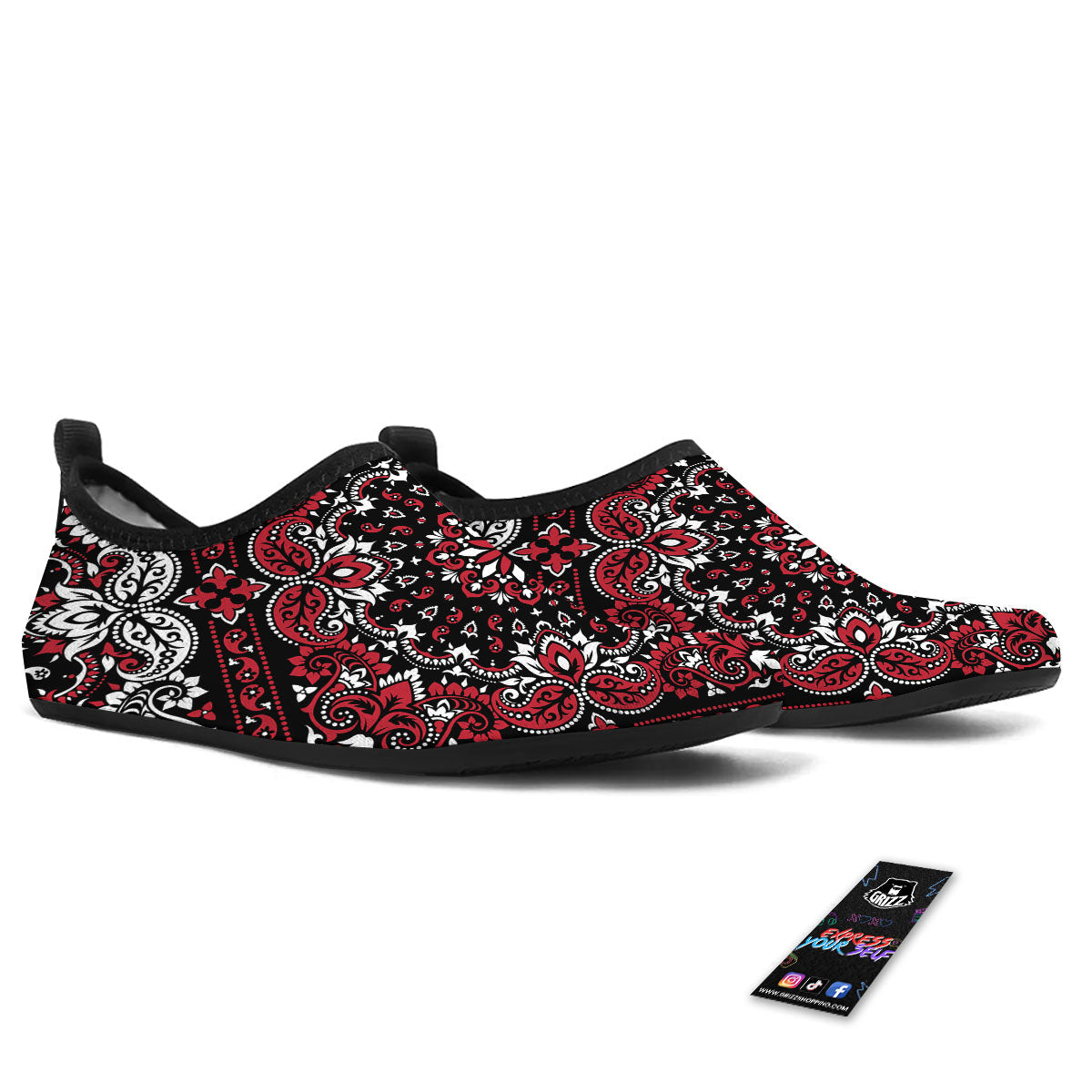 Red Black Bandana Paisley Print Water Shoes-grizzshop