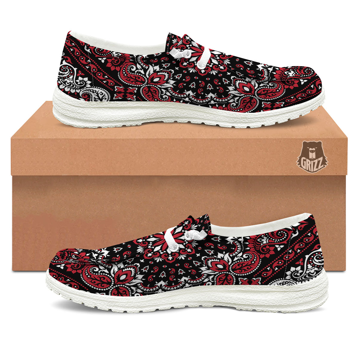 Red Black Bandana Paisley Print White Loafers-grizzshop