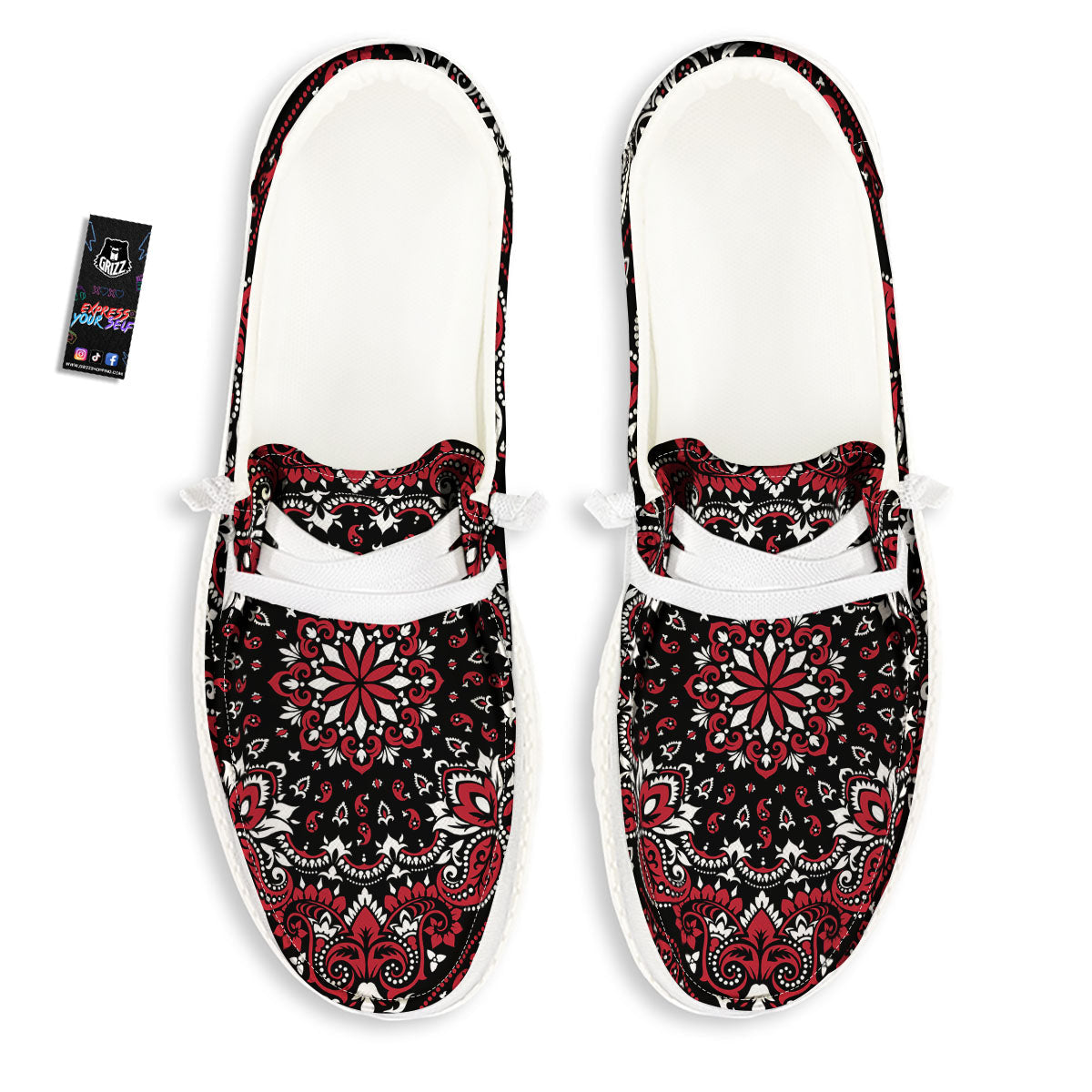 Red Black Bandana Paisley Print White Loafers-grizzshop