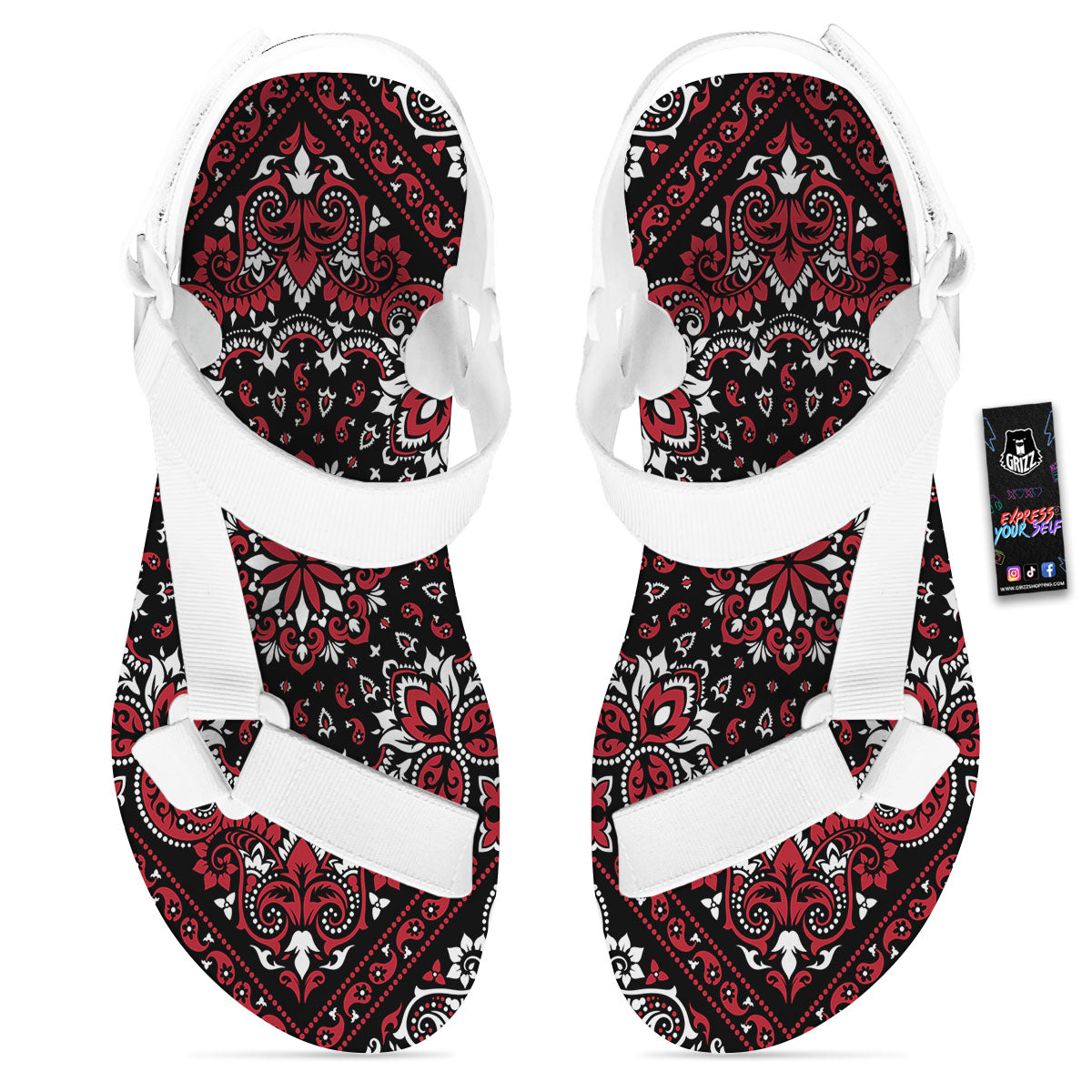 Red Black Bandana Paisley Print White Open Toe Sandals-grizzshop