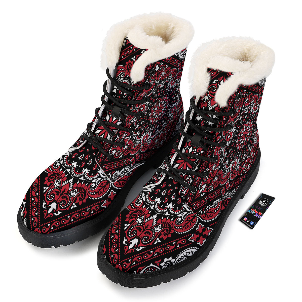 Red Black Bandana Paisley Print Winter Boots-grizzshop