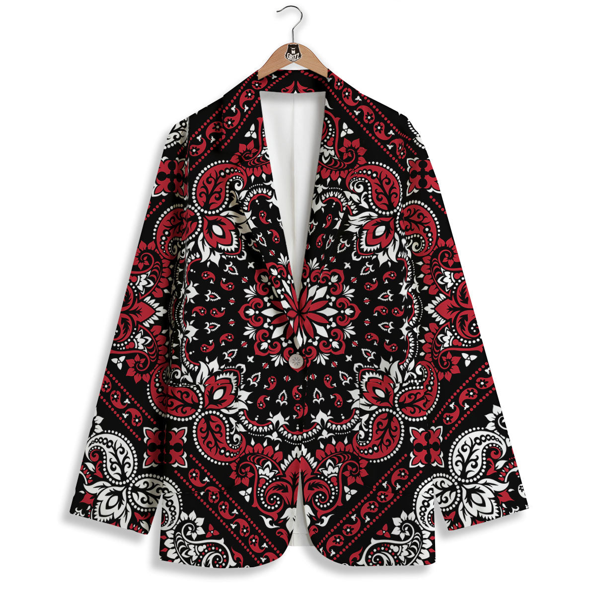Red Black Bandana Paisley Print Women's Blazer-grizzshop