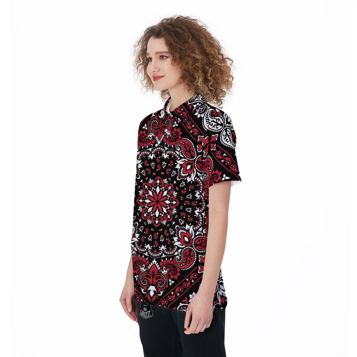 Red Black Bandana Paisley Print Women's Golf Shirts-grizzshop
