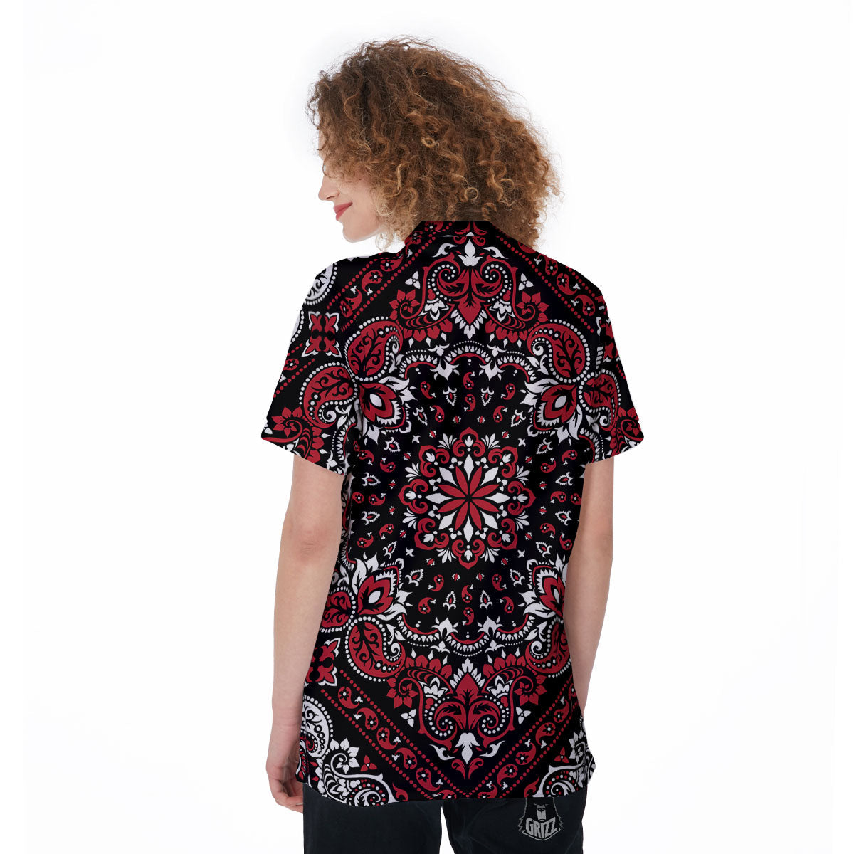 Red Black Bandana Paisley Print Women's Golf Shirts-grizzshop