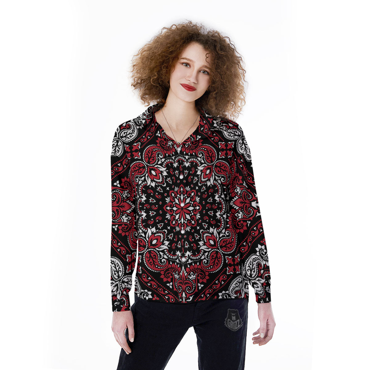 Red Black Bandana Paisley Print Women's Long Sleeve Shirts-grizzshop