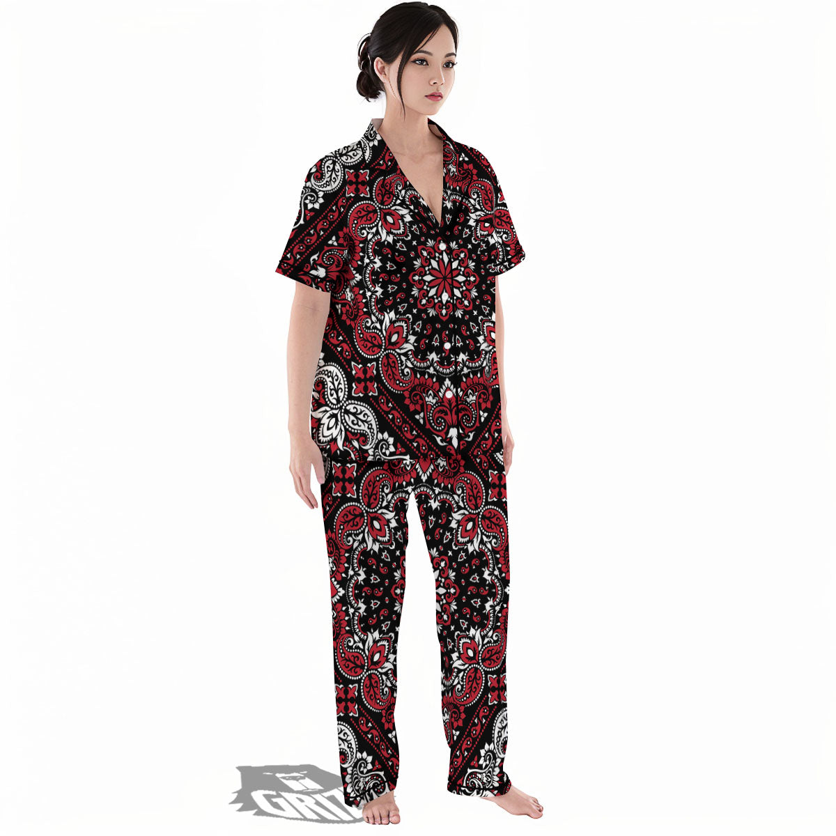 Red Black Bandana Paisley Print Women's Pajamas Set-grizzshop