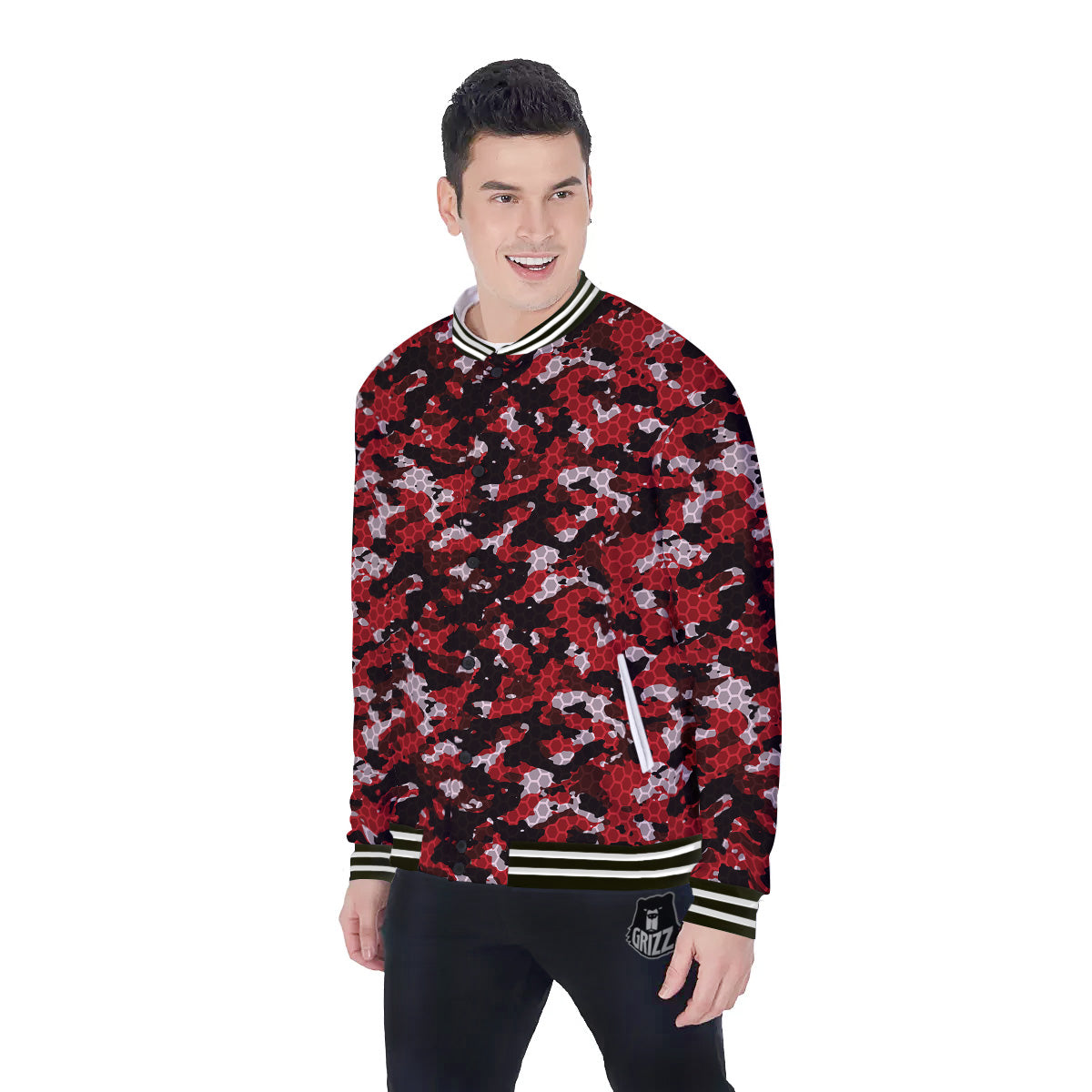Red Black Hi Tech Camo Hexagonal Grid Print Pattern Baseball Jacket-grizzshop