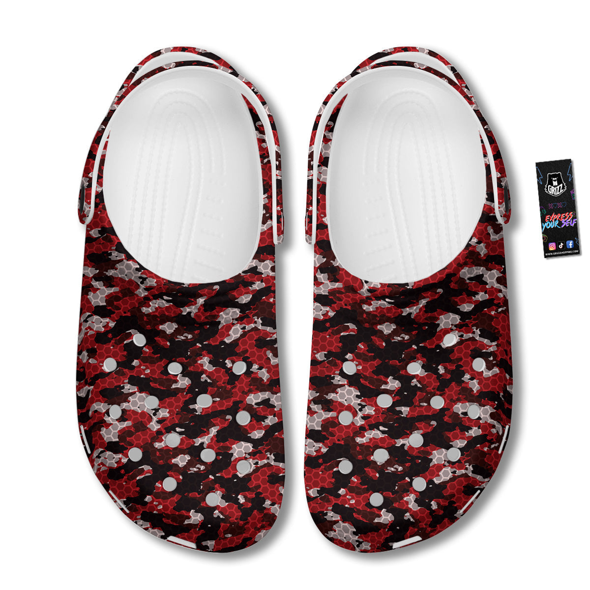 Red Black Hi Tech Camo Hexagonal Grid Print Pattern Clog-grizzshop