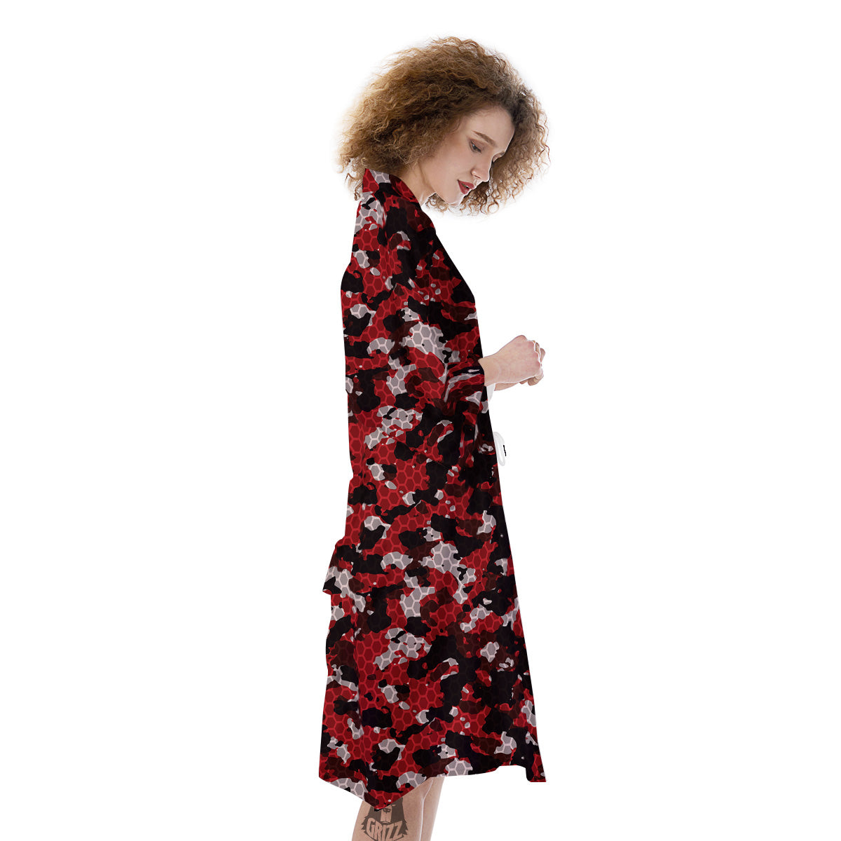 Red Black Hi Tech Camo Hexagonal Grid Print Pattern Kimono-grizzshop