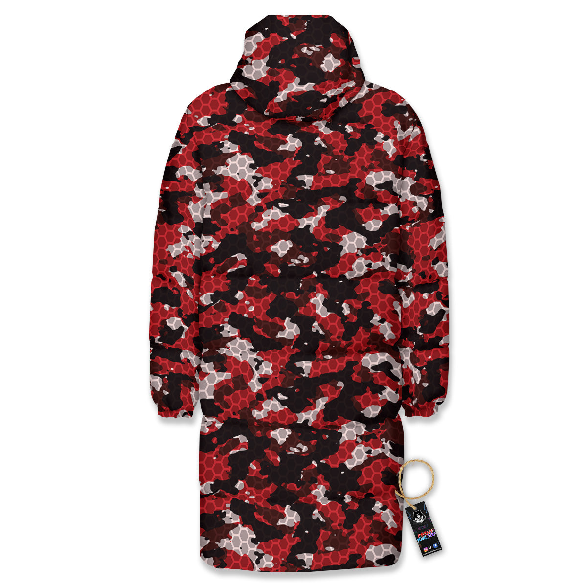 Red Black Hi Tech Camo Hexagonal Grid Print Pattern Long Down Jacket-grizzshop