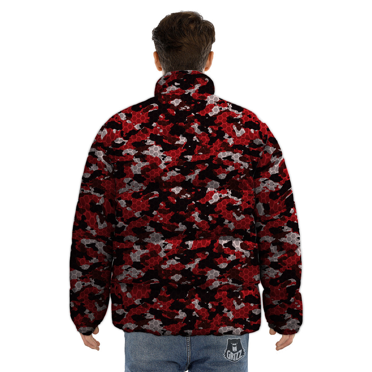 Red Black Hi Tech Camo Hexagonal Grid Print Pattern Puffer Jacket-grizzshop