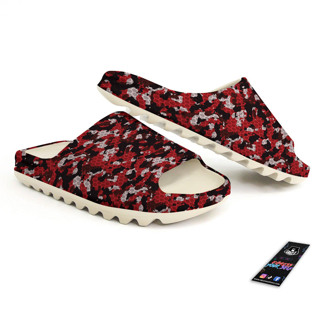 Red Black Hi Tech Camo Hexagonal Grid Print Pattern Sandals-grizzshop