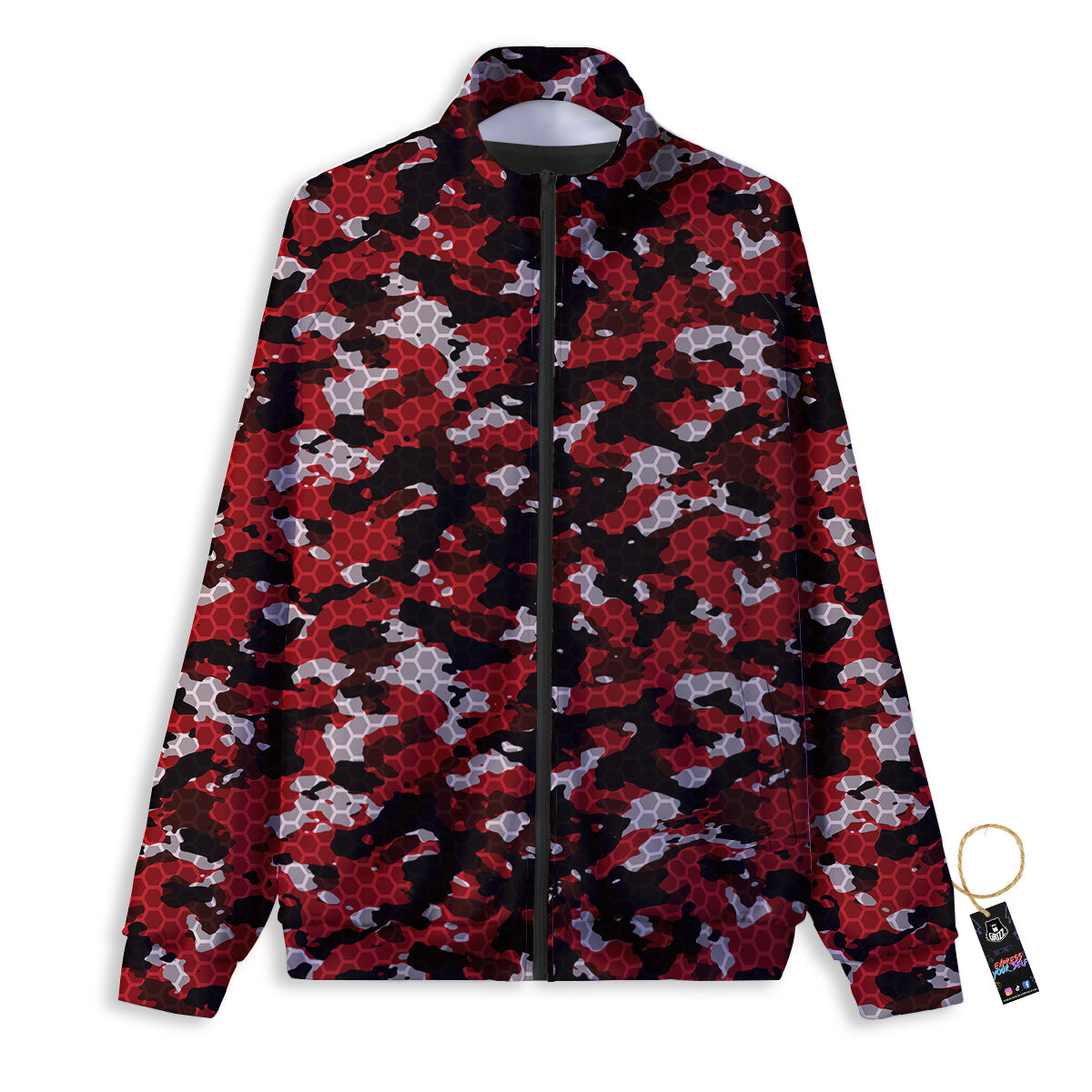 Red Black Hi Tech Camo Hexagonal Grid Print Pattern Track Jacket-grizzshop
