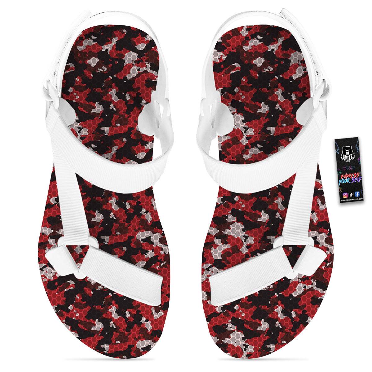 Red Black Hi Tech Camo Hexagonal Grid Print Pattern White Open Toe Sandals-grizzshop