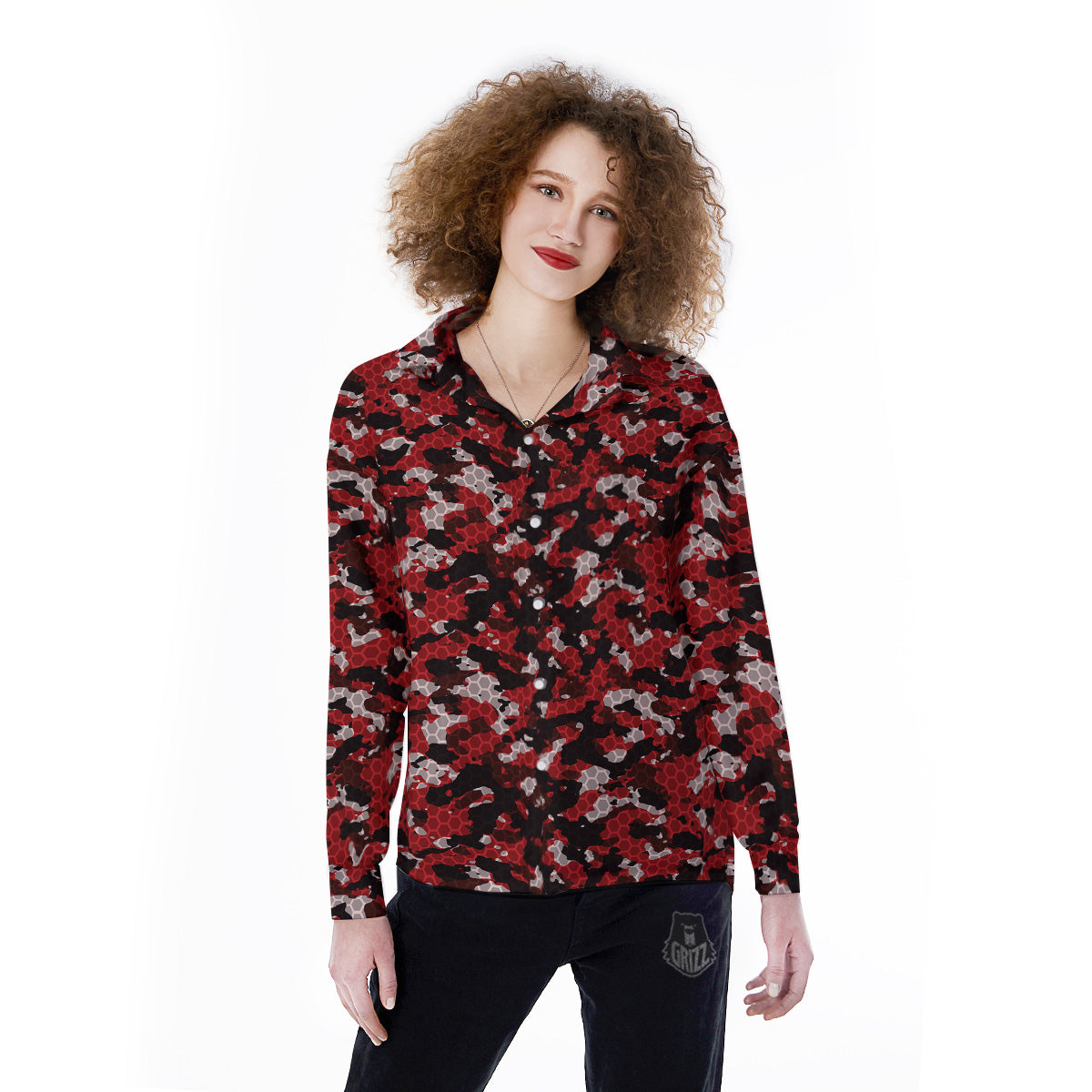 Red Black Hi Tech Camo Hexagonal Grid Print Pattern Women's Long Sleeve Shirts-grizzshop