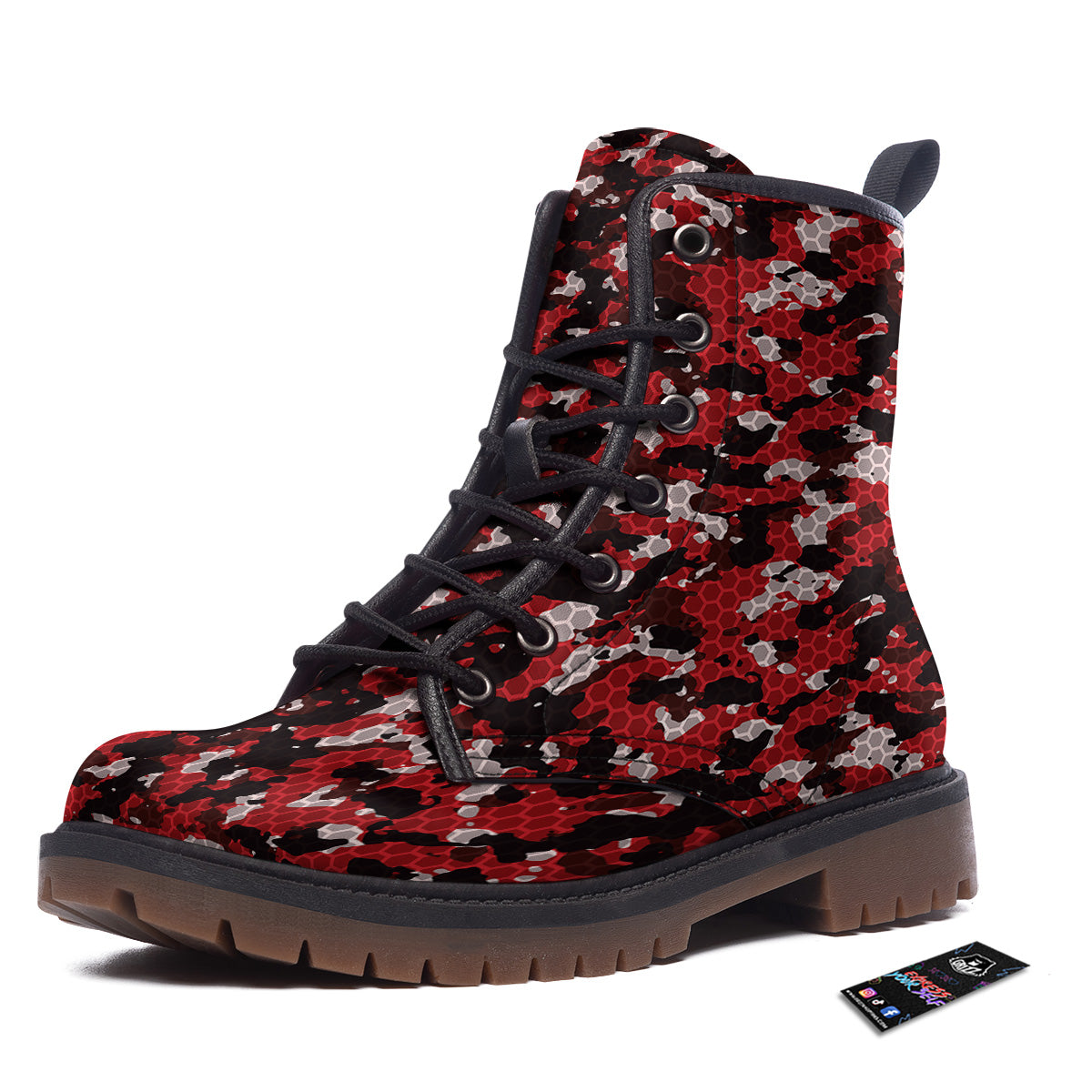 Red Black Hi Tech Camo Hexagonal Grid Print Pattern Work Boots-grizzshop