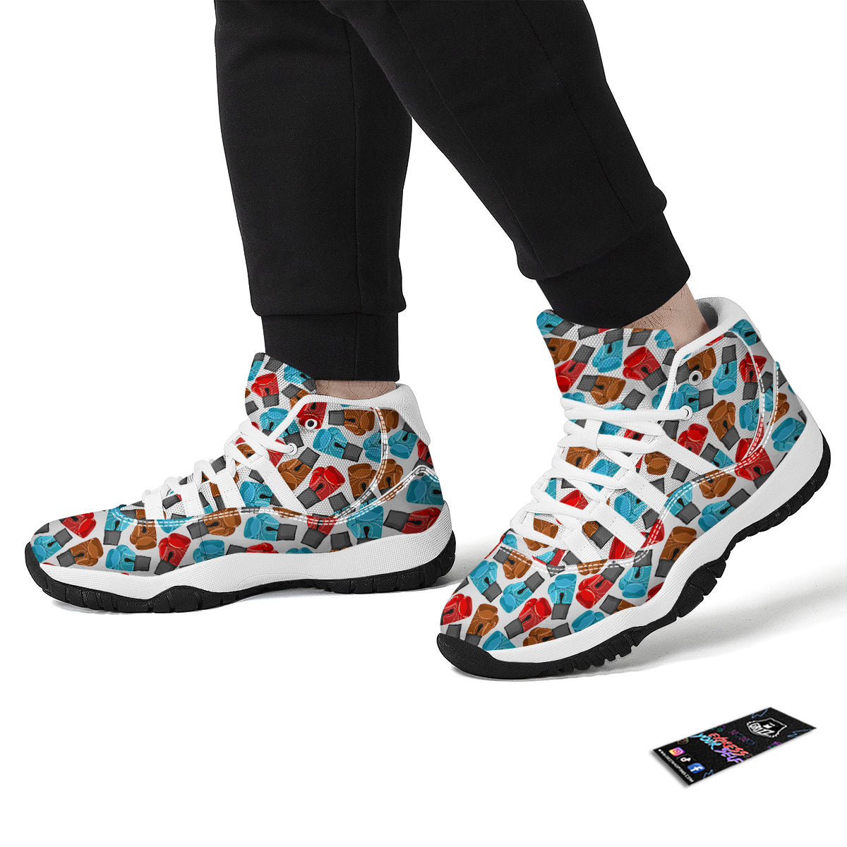 Red Blue And Brown Boxing Glove Print Pattern White Bball Shoes-grizzshop