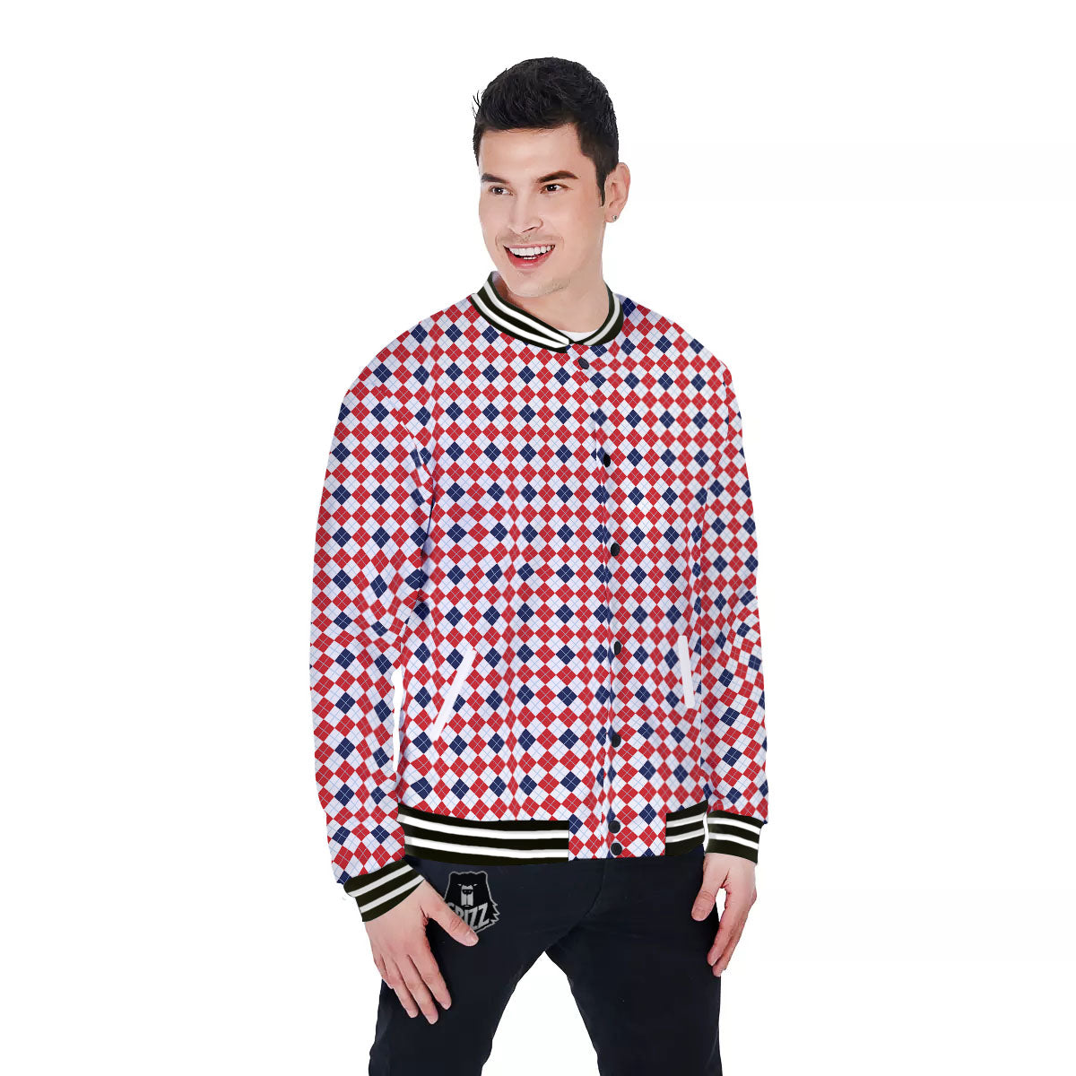 Red Blue And White Argyle Print Pattern Baseball Jacket-grizzshop