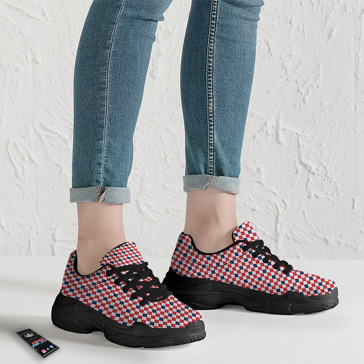 Red Blue And White Argyle Print Pattern Black Chunky Shoes-grizzshop