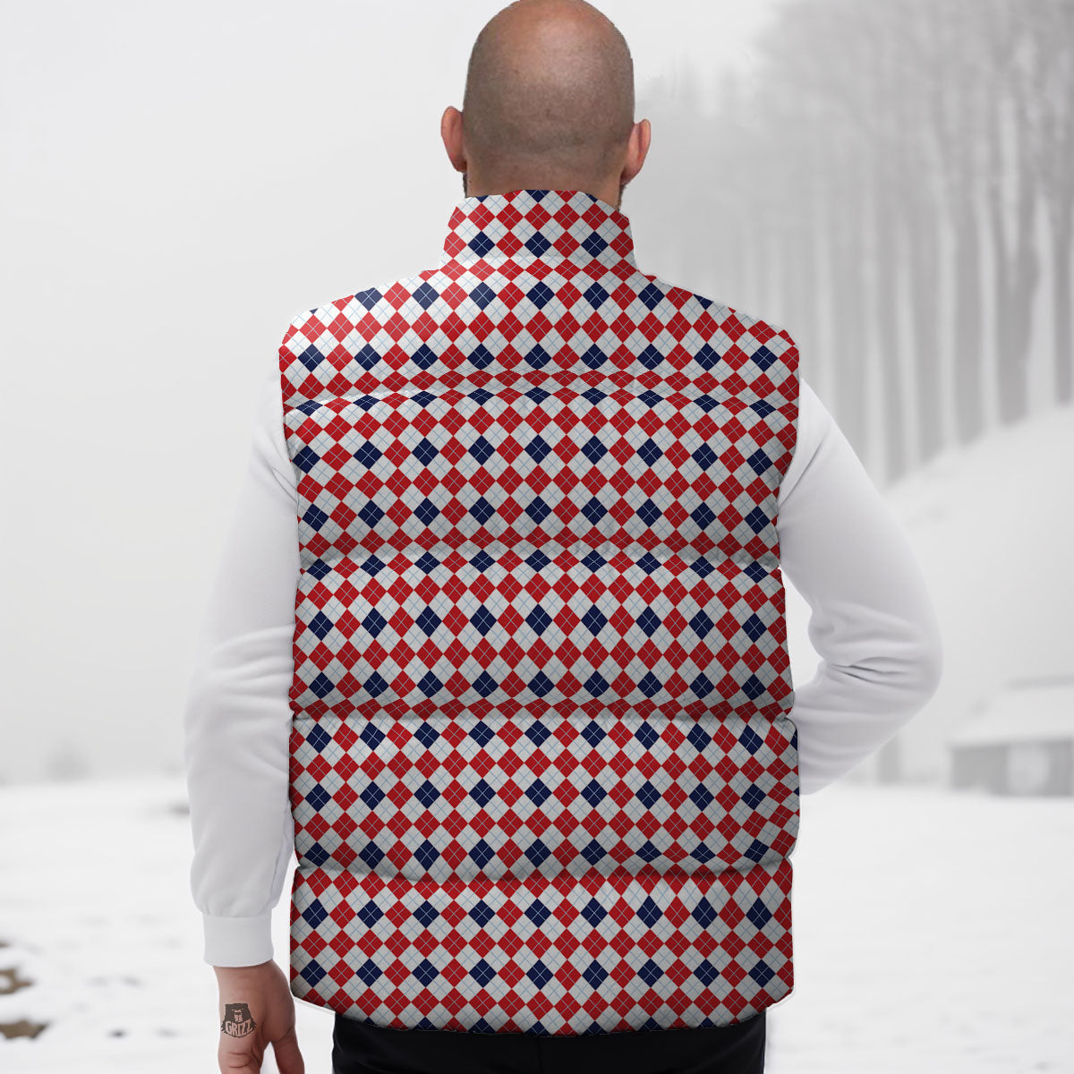 Red Blue And White Argyle Print Pattern Down Vest-grizzshop