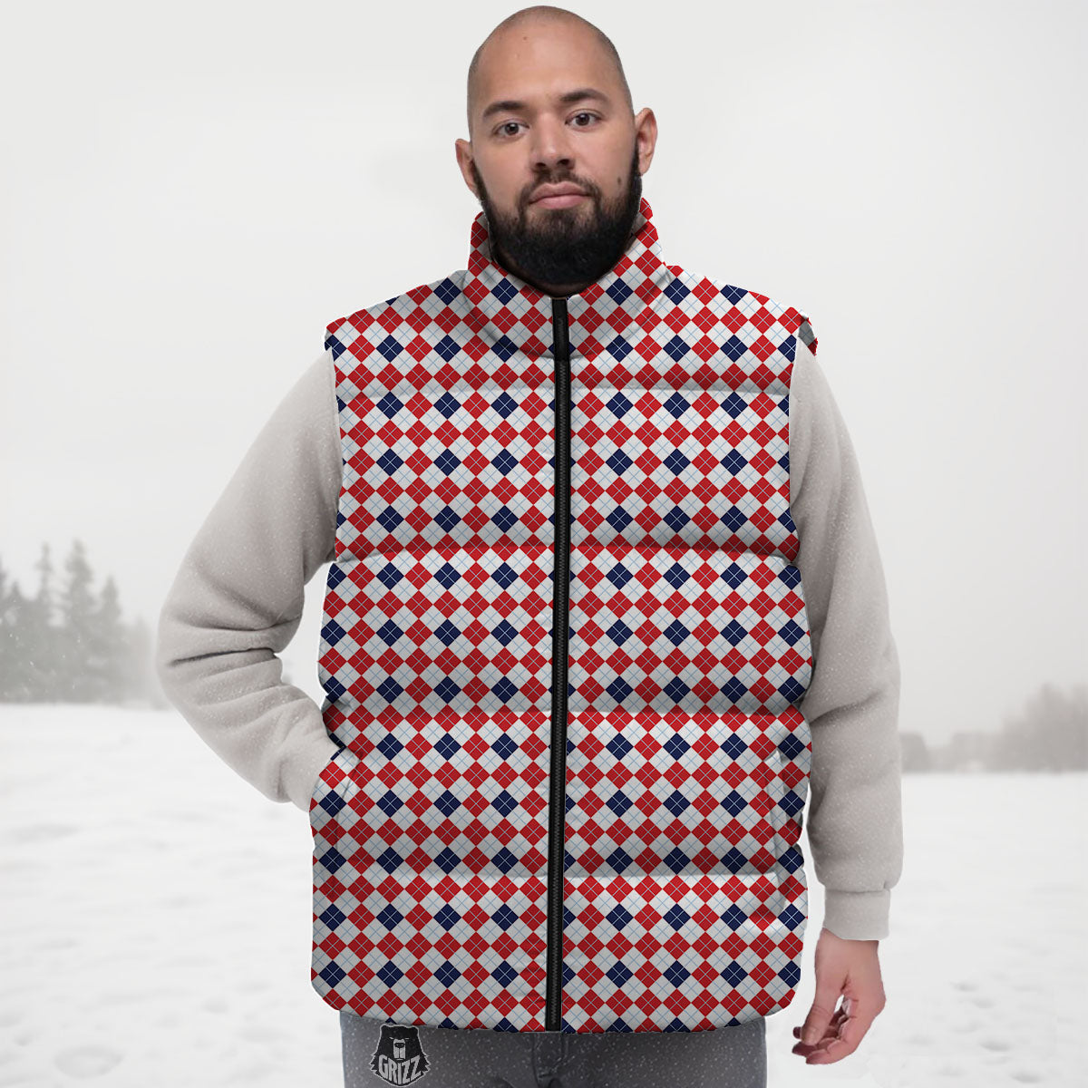 Red Blue And White Argyle Print Pattern Down Vest-grizzshop