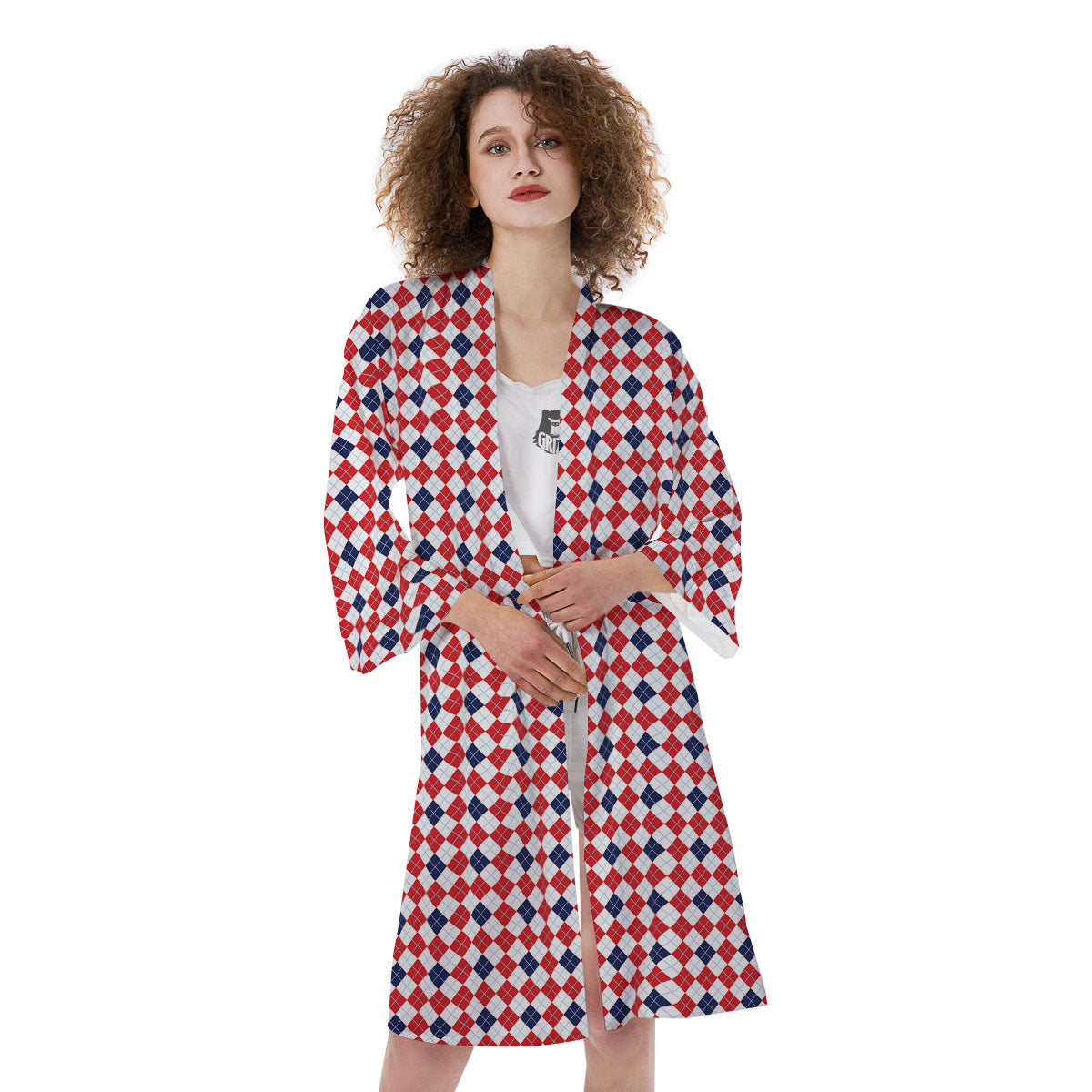 Red Blue And White Argyle Print Pattern Kimono-grizzshop