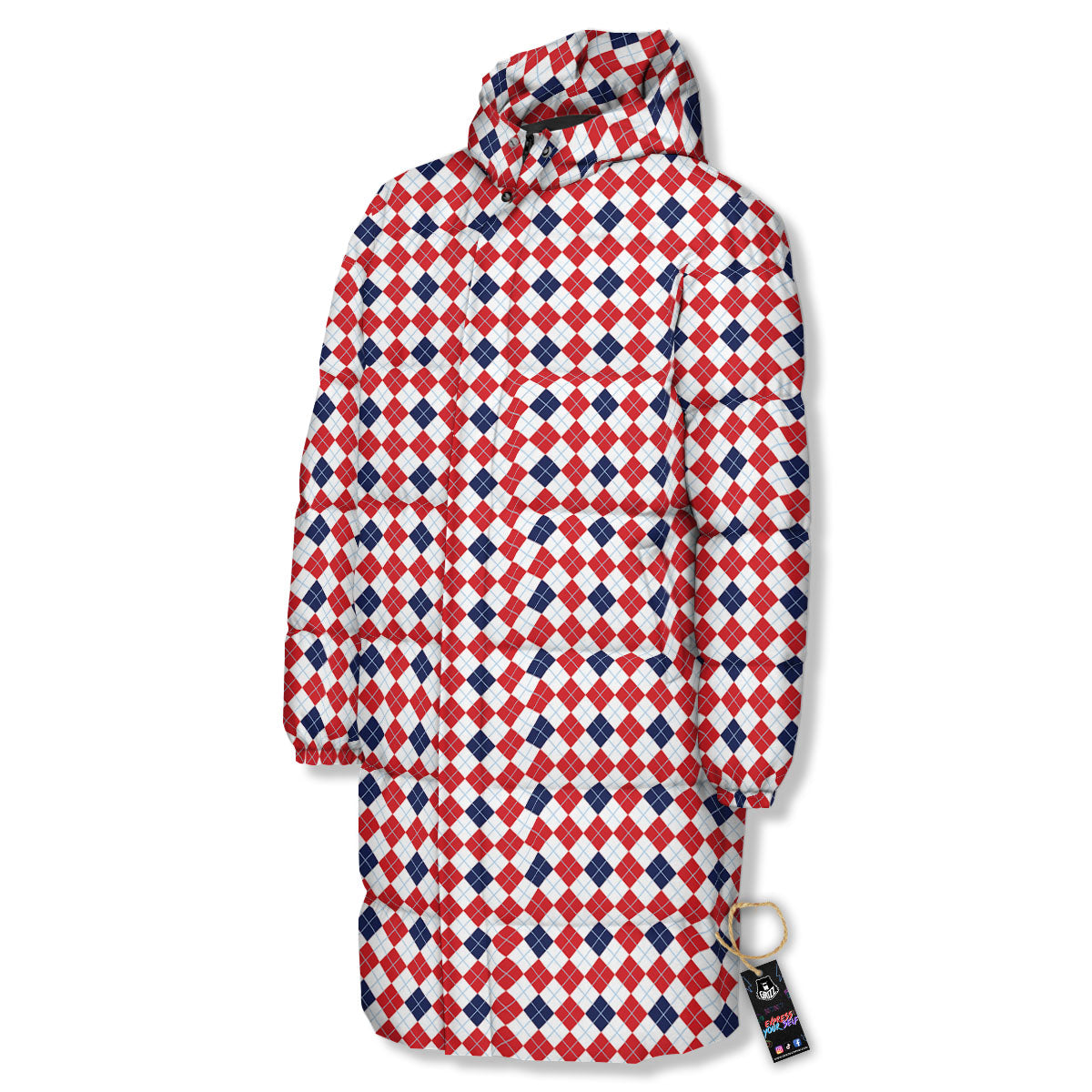 Red Blue And White Argyle Print Pattern Long Down Jacket-grizzshop
