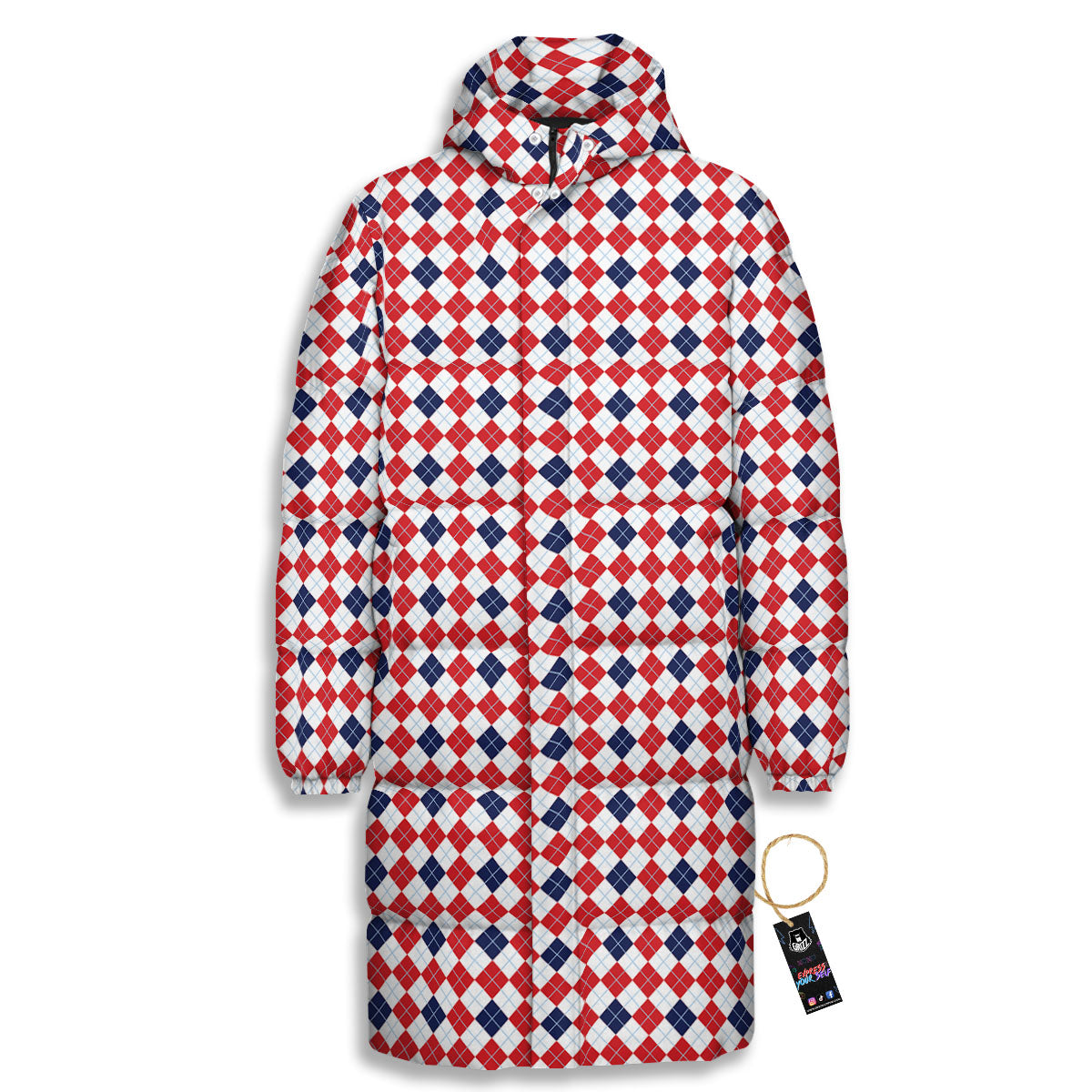 Red Blue And White Argyle Print Pattern Long Down Jacket-grizzshop