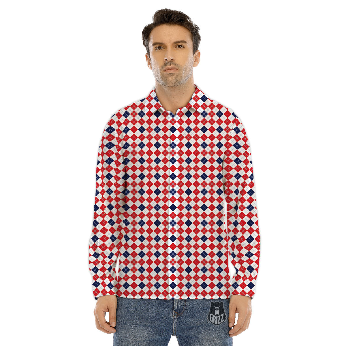 Red Blue And White Argyle Print Pattern Men's Dress Shirts-grizzshop