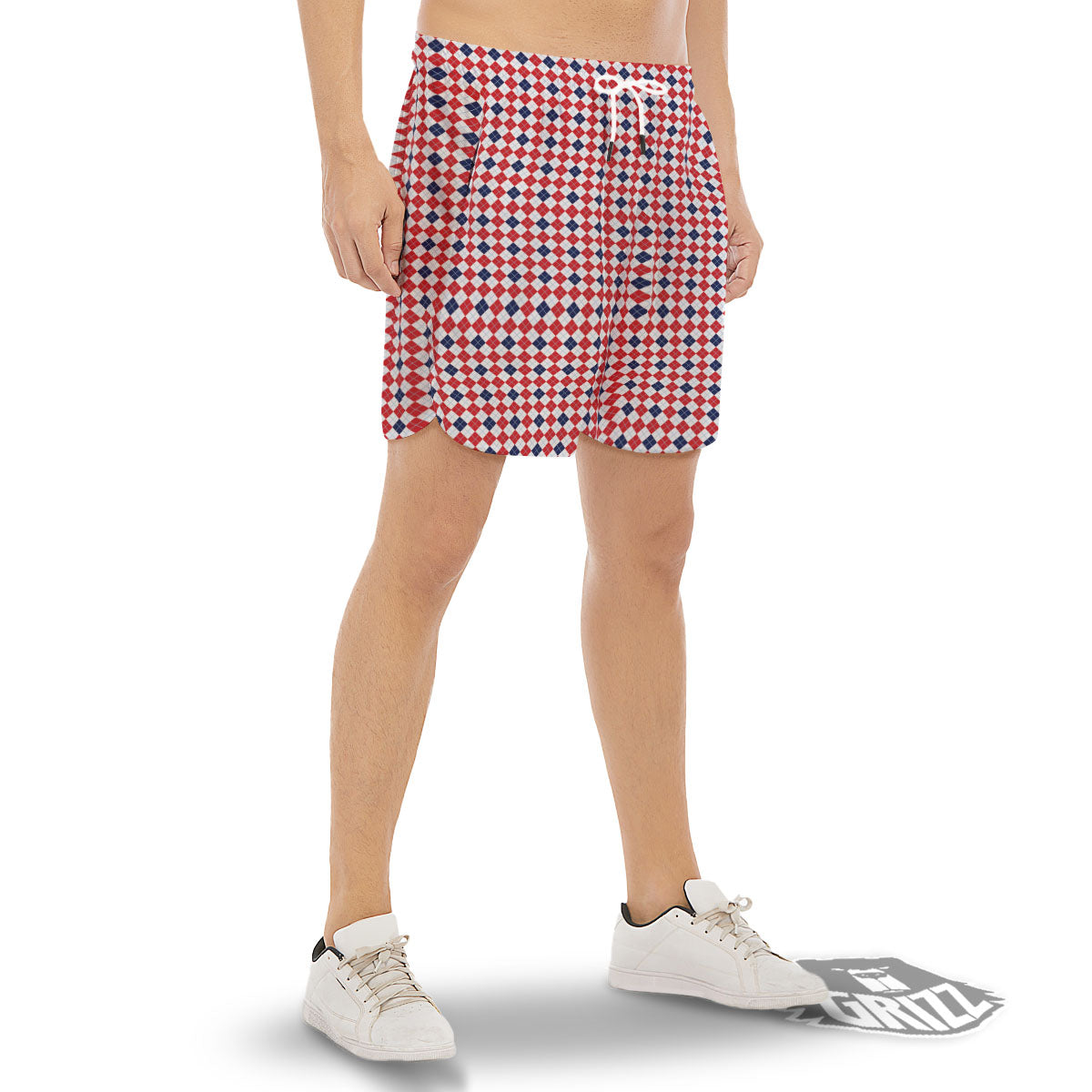 Red Blue And White Argyle Print Pattern Men's Gym Shorts-grizzshop