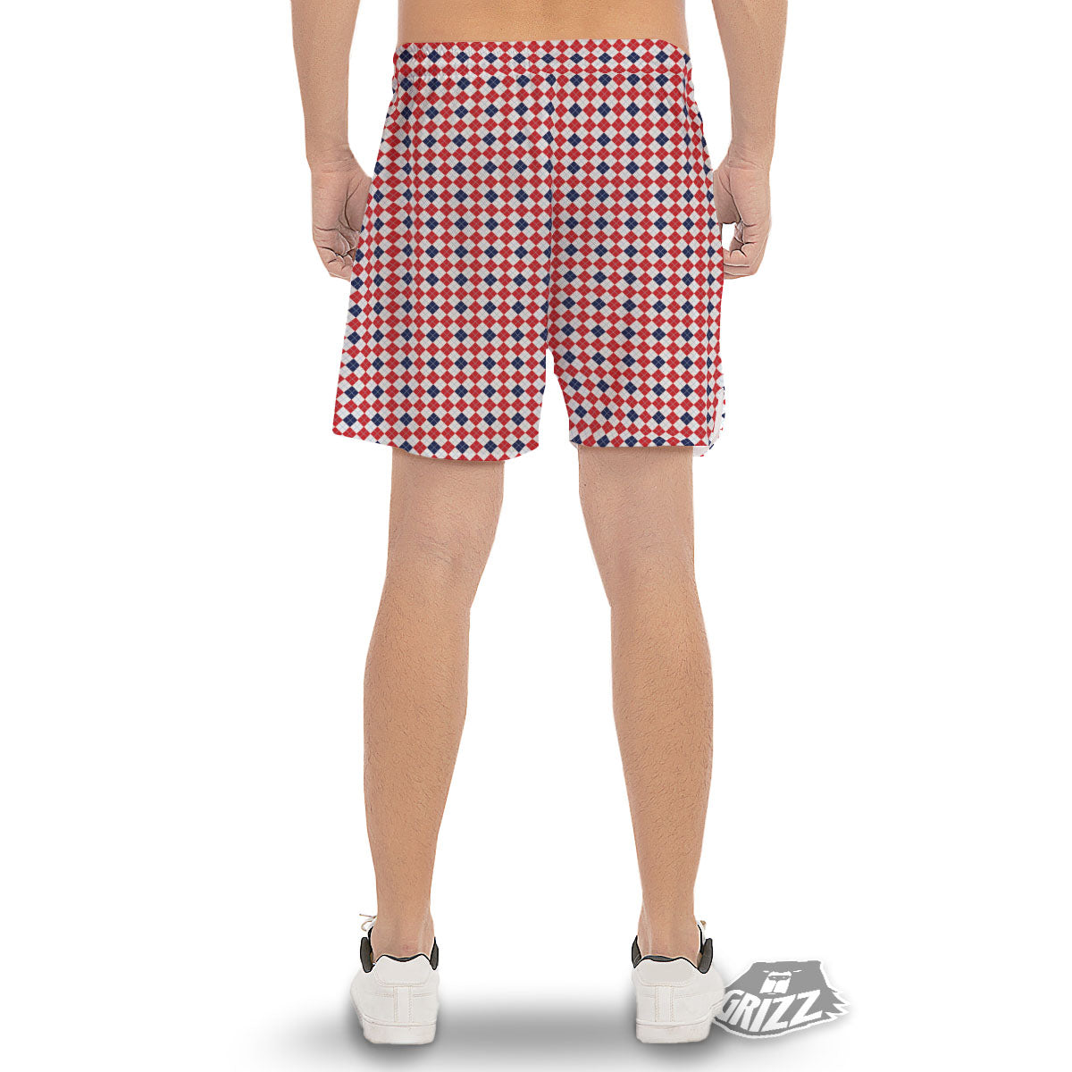 Red Blue And White Argyle Print Pattern Men's Gym Shorts-grizzshop