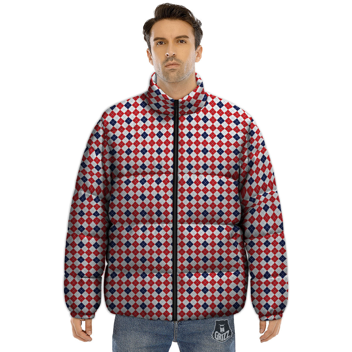 Red Blue And White Argyle Print Pattern Puffer Jacket-grizzshop