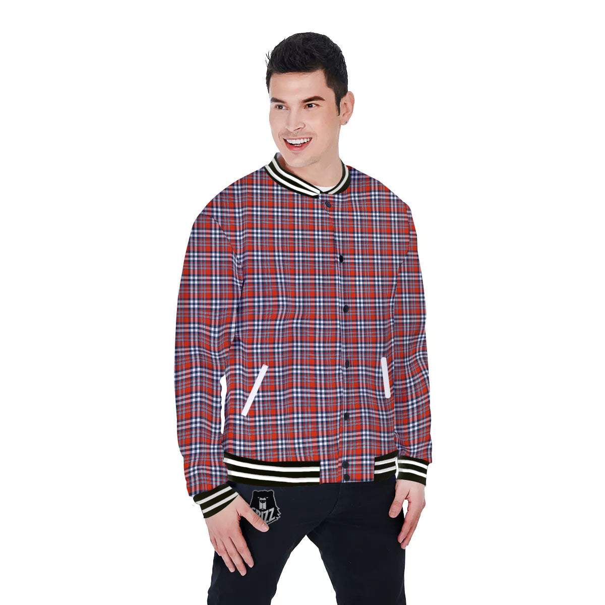 Red Blue And White Check Print Pattern Baseball Jacket-grizzshop