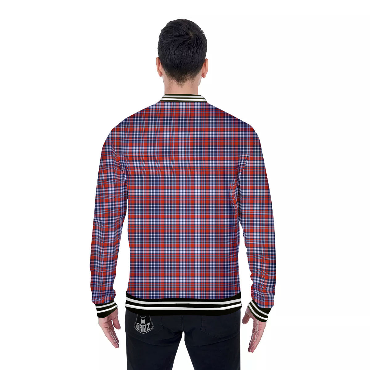 Red Blue And White Check Print Pattern Baseball Jacket-grizzshop