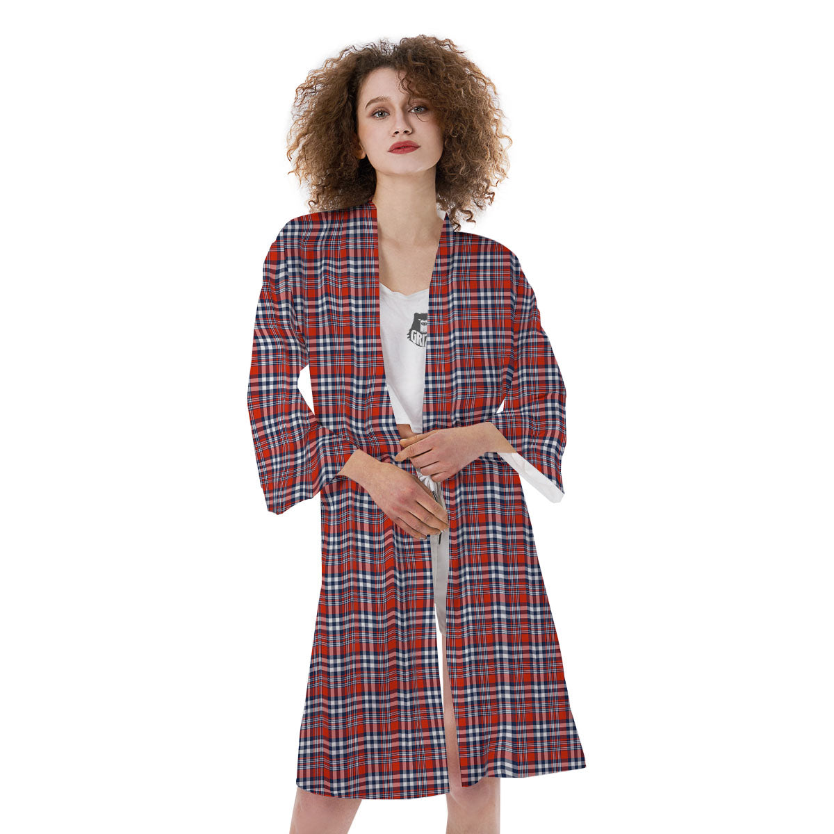 Red Blue And White Check Print Pattern Kimono-grizzshop