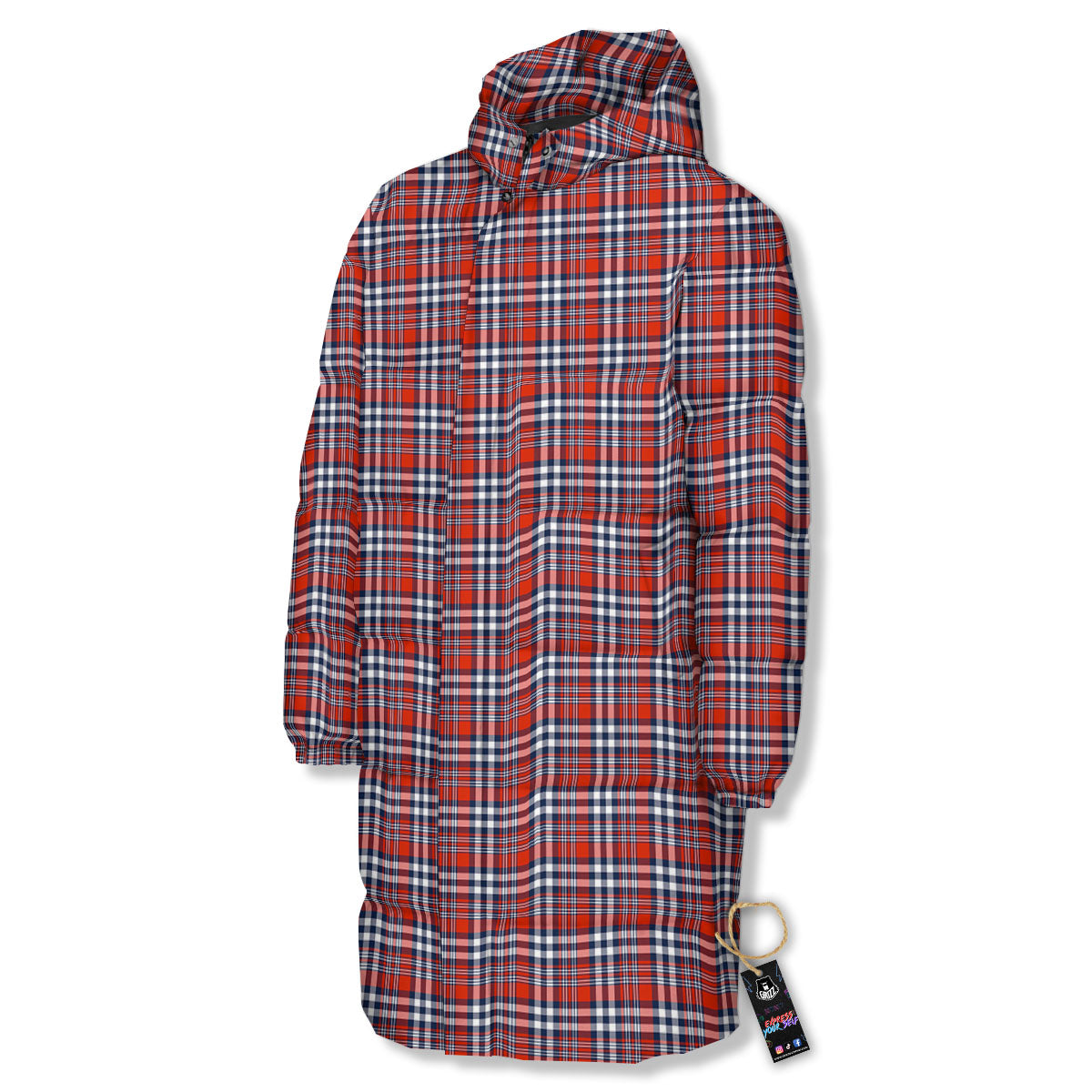 Red Blue And White Check Print Pattern Long Down Jacket-grizzshop