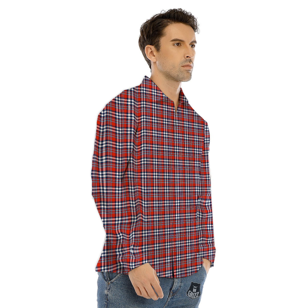 Red Blue And White Check Print Pattern Men's Dress Shirts-grizzshop