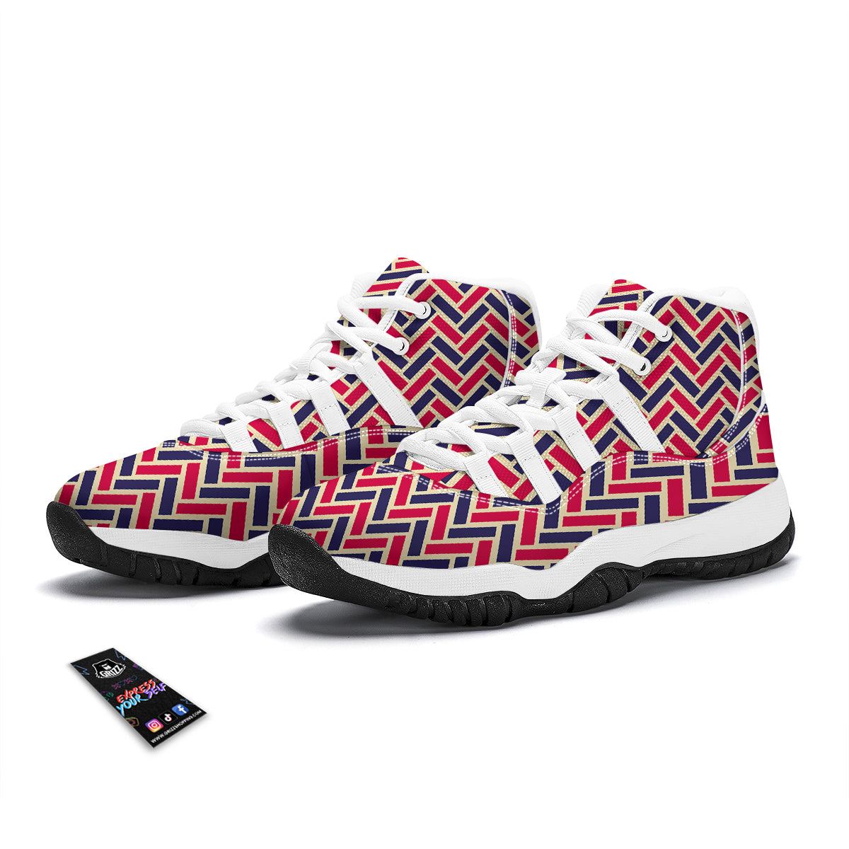 Red Blue Biege Herringbone Print Pattern White Bball Shoes-grizzshop