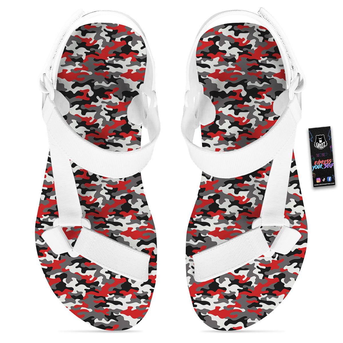 Red Camouflage Texture Military Print White Open Toe Sandals-grizzshop