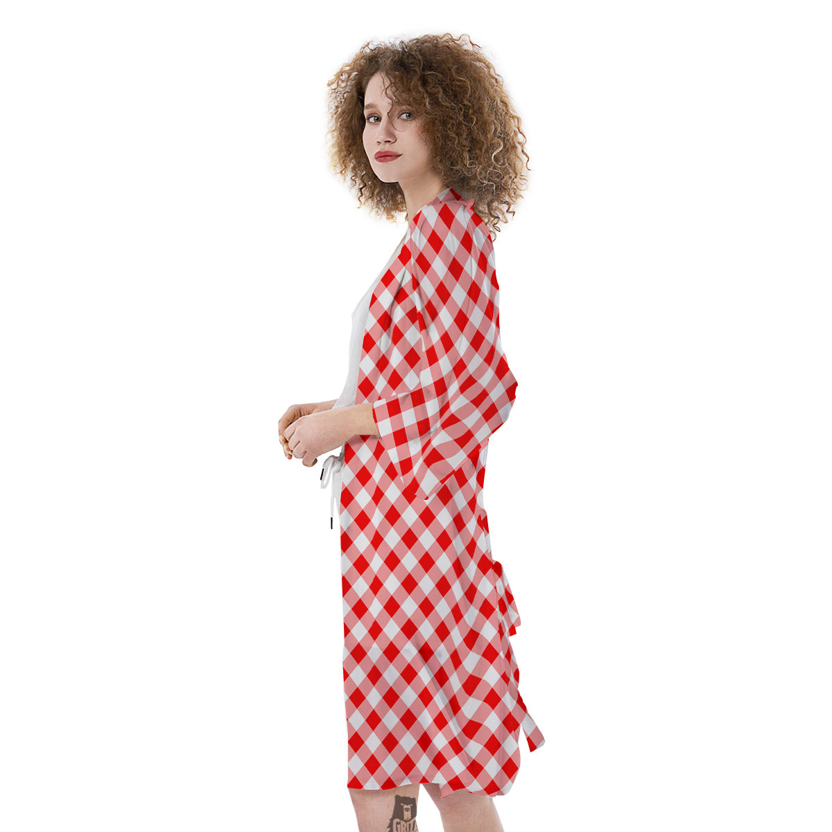 Red Cardinal And White Gingham Print Kimono-grizzshop