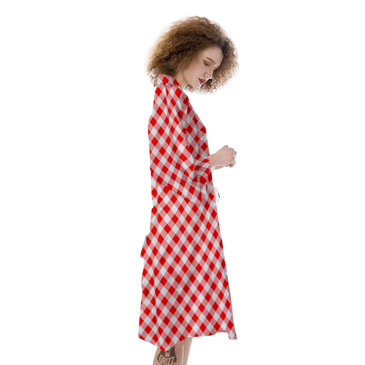 Red Cardinal And White Gingham Print Kimono-grizzshop