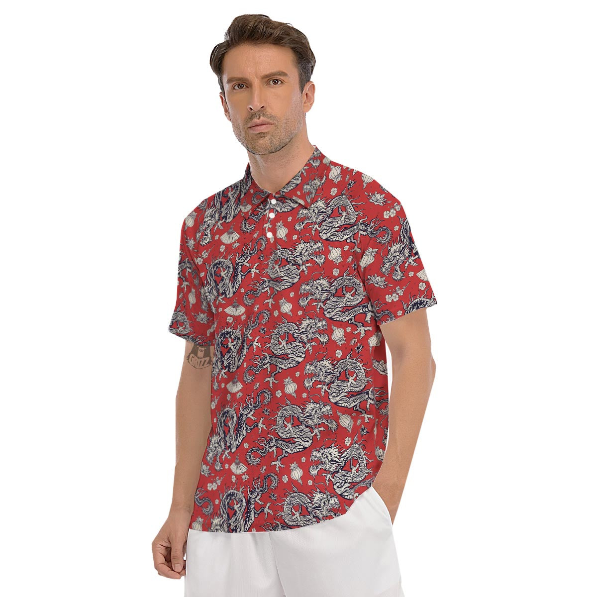 Red Chinese Dragon Floral Print Men's Golf Shirts-grizzshop