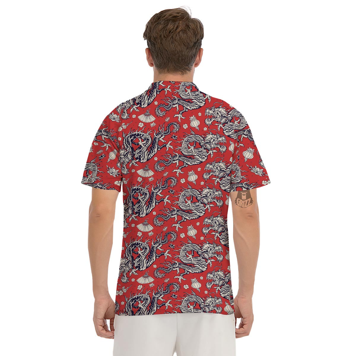 Red Chinese Dragon Floral Print Men's Golf Shirts-grizzshop