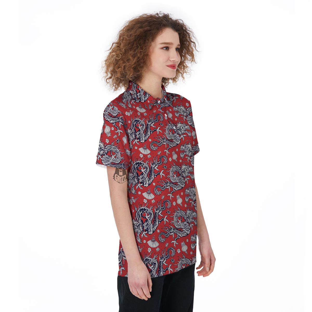 Red Chinese Dragon Floral Print Women's Golf Shirts-grizzshop