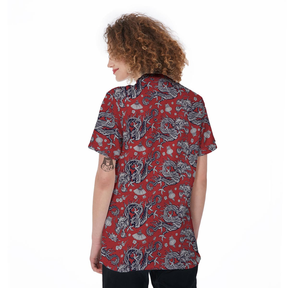 Red Chinese Dragon Floral Print Women's Golf Shirts-grizzshop