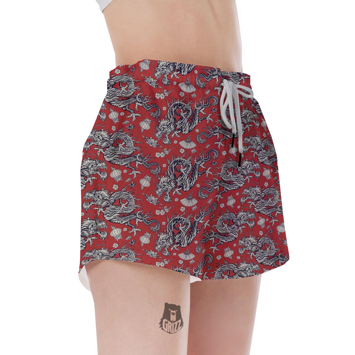 Red Chinese Dragon Floral Print Women's Shorts-grizzshop